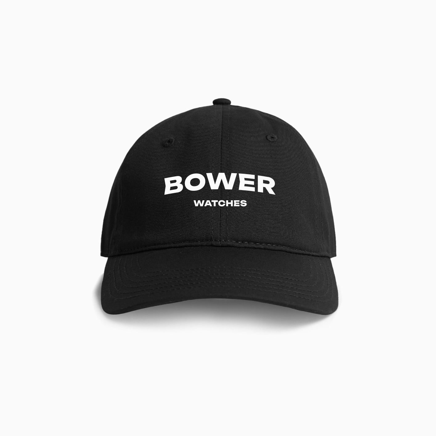 Black baseball cap featuring bold white “BOWER WATCHES” logo embroidered on the front. Minimalist and clean design, perfect for everyday wear and coastal adventures.