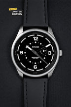 Midnight Black Tide Seeker watch by Bower with black leather strap, displayed against a black background with a yellow “20 Pieces Limited Edition” label. Minimalist tool watch designed for tide tracking and coastal exploration.