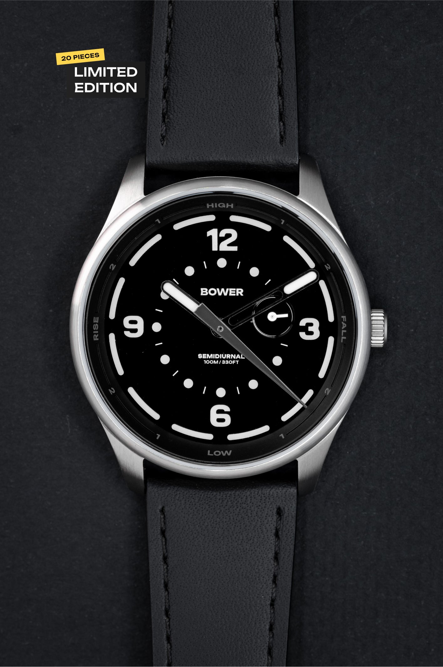 Midnight Black Tide Seeker watch by Bower with black leather strap, displayed against a black background with a yellow “20 Pieces Limited Edition” label. Minimalist tool watch designed for tide tracking and coastal exploration.