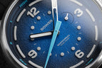 Close-up of Deep Blue Tide Seeker watch face by Bower, showing textured dial, tide indicator hand, and semidiurnal tide markings. Australian-designed ocean tool watch.