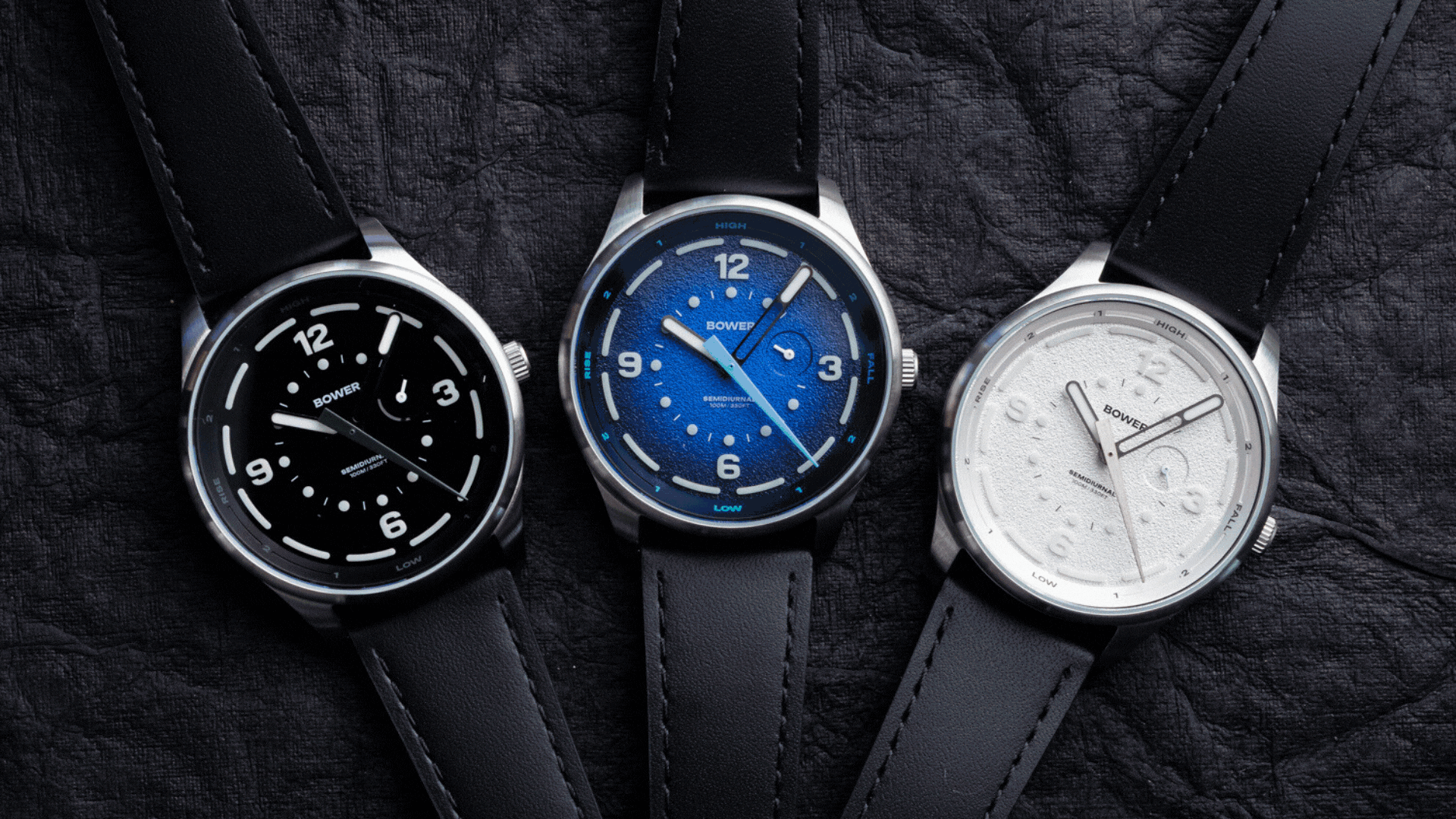 Slideshow banner showcasing Bower Watches, alternating between close-up product shots and lifestyle scenes. Features tide-tracking watch models in ocean-inspired setting, from underwater adventures and coastal landscapes to everyday wear, highlighting both rugged functionality and minimalist design.